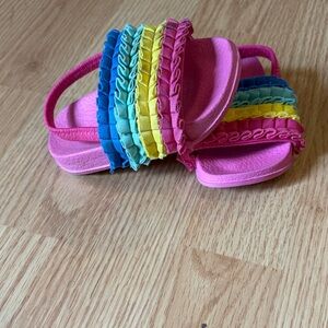 Kids Pink Rainbow Ruffle Slide Sandals